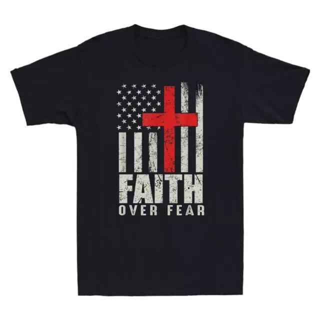Faith Over Fear Retro American USA Flag Christian Cross Jesus Funny Men T-Shirt L