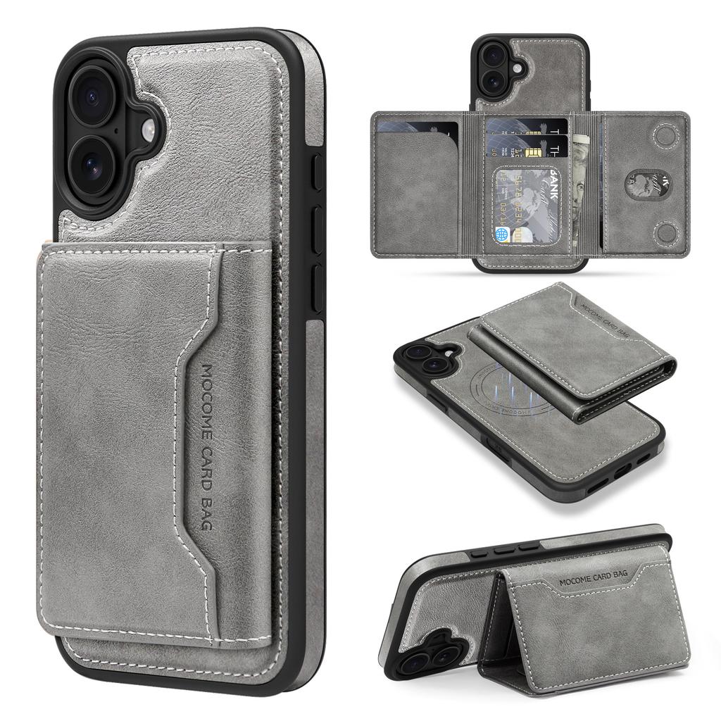 For iPhone 16 Plus Magnetic Case Leather Back Phone Cover with Detachable Card Bag
