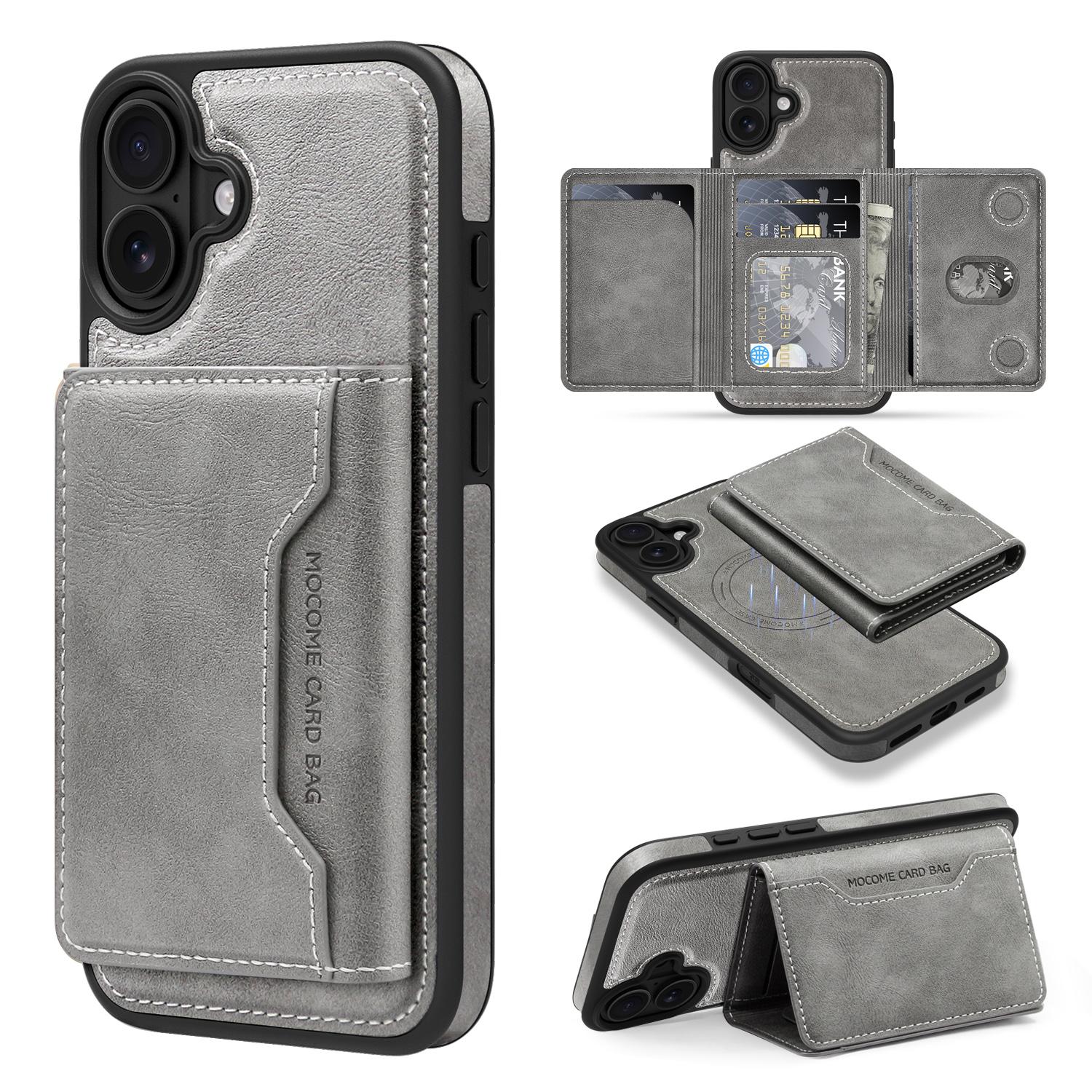 For iPhone 16 Magnetic Case Leather Back Phone Cover with Detachable Card Bag G