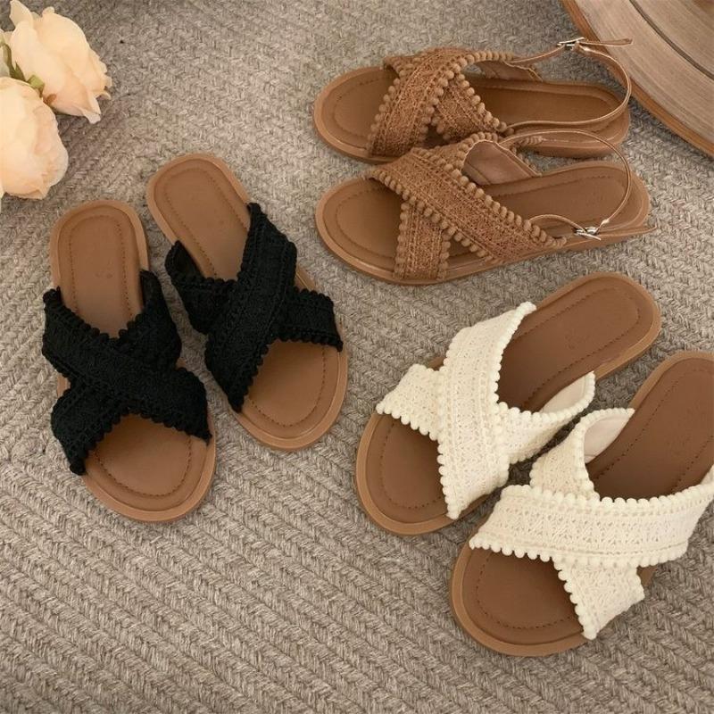 2026 Fashion Women Sandals Ladies Flat Roma Heels Knitted Summer Sandals Outside Cross Tied Leather Female Slides Woman Sandals