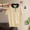 Super Good-looking Cute Embroidered POLO Neck Knitted Sweater Women's Summer New Button Pullover Slim-fitting Front Shoulder Short-sleeved 
