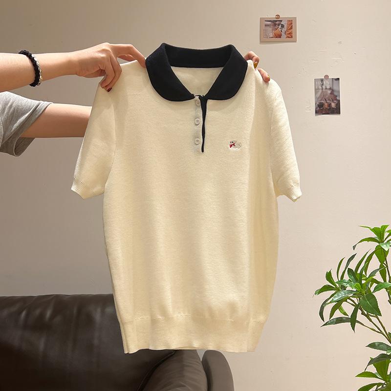 Super Good-looking Cute Embroidered POLO Neck Knitted Sweater Women's Summer New Button Pullover Slim-fitting Front Shoulder Short-sleeved