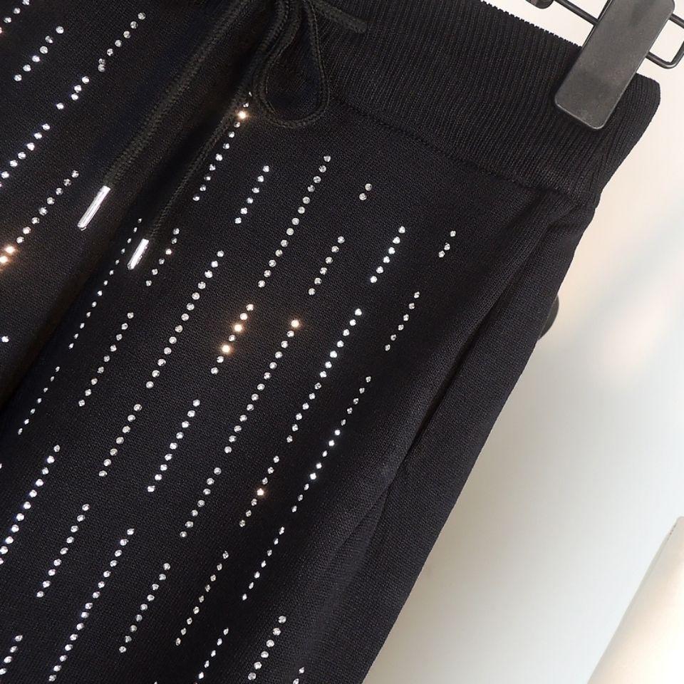 Fall/Winter Women's High-Waist Knit Pants Rhinestone Loose Knit Harem Pants Casual Knit Sweatpants