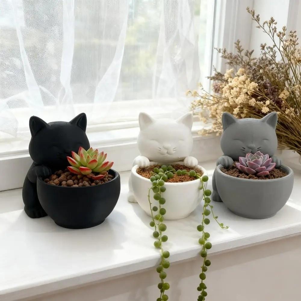 Mini Small Flowerpot Cat-Shaped with Drainage Holes Cacti Potted Plant Uniquely Designed Succulents Planter Pot