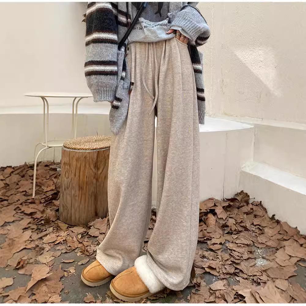 Women's 2024 Autumn/Winter Casual Knit Drape Pants – Lazy Glutinous Rice, Loose Wide-Leg and Narrow Straight-Leg Options