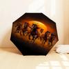 Galloping Horses Sunset Scene Automatic Opening/Closing Umbrella - Portable Folding Design, 8-Bone Iron Frame Outdoor Umbrella, Ideal Gift f
