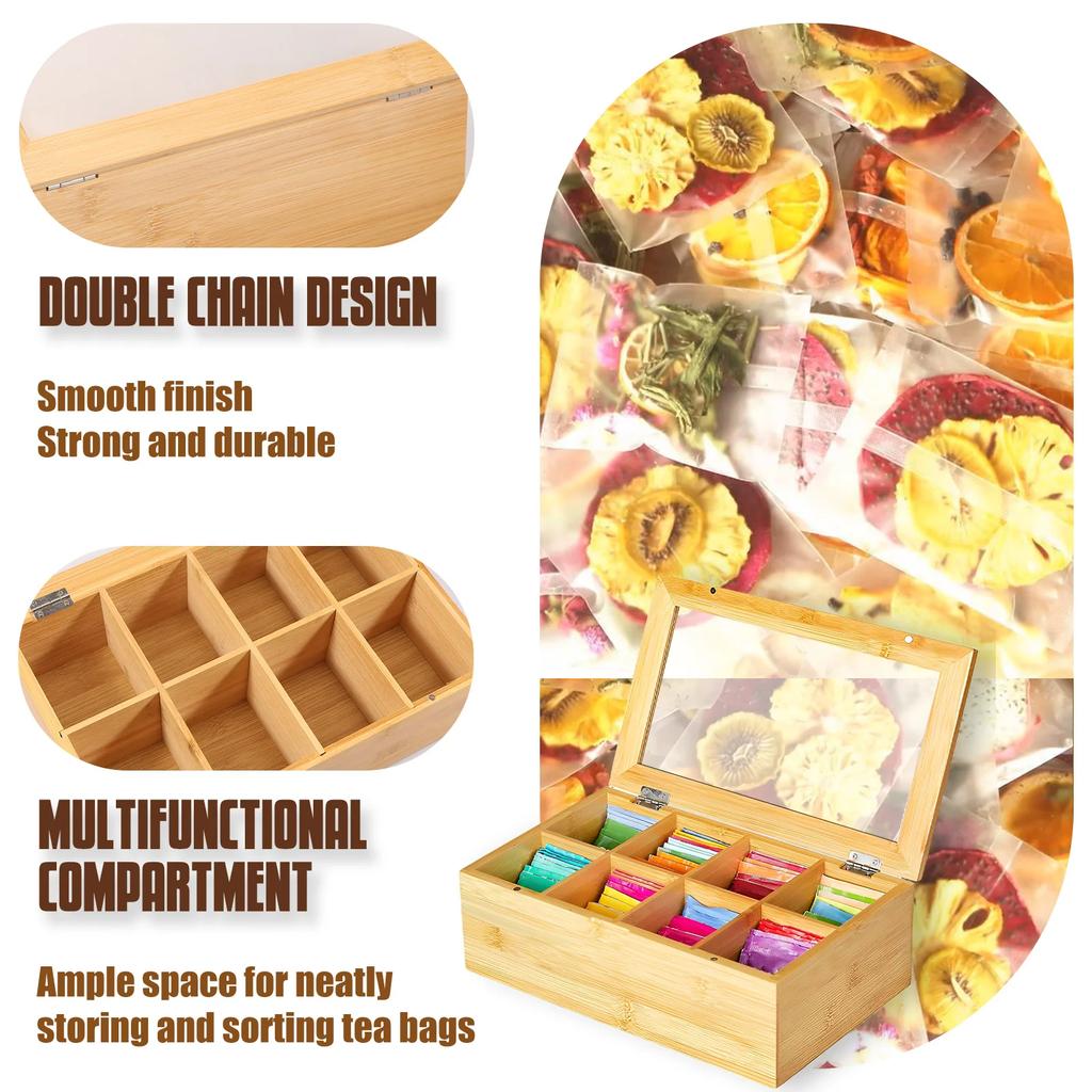 Tea Bag Holder Caddy with Compartments Keeping Tidy Bamboo Storage Organizer for Home Solid Multipurpose Tea Bag Organizer Box
