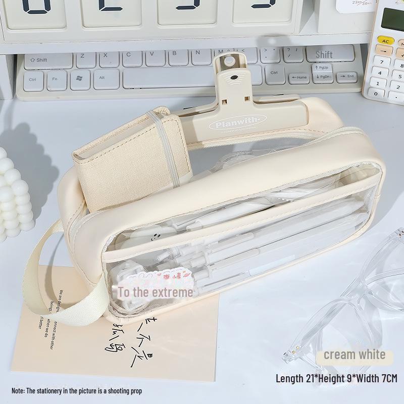 

Прозрачный пенал большой вместимости для студентов — простой дизайн с молочно-солевым оттенком, идеально подходит для начальных и средних экзаменов белый/кремовый