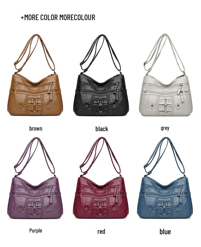 Koreanische Damen Umhänge-Schultertasche aus gewaschenem Leder mit großem Fassungsvermögen - Neue Mode, Mehrschichtig, Schlichtes Design für Mütter