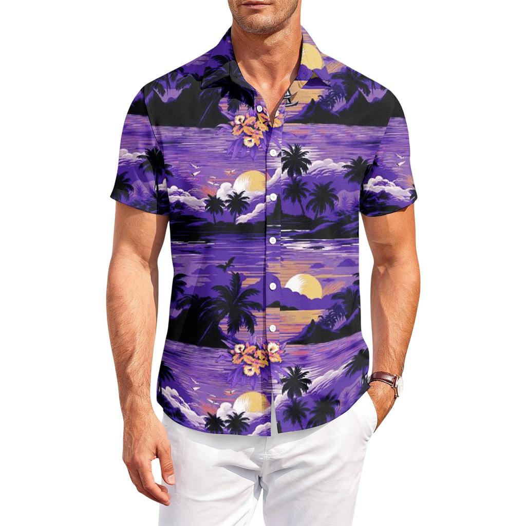 Men’s Hawaiian Print Casual Outdoor Short Sleeve Shirt with Turn Down Collar Relaxed Fit Suitable for Summer Activities