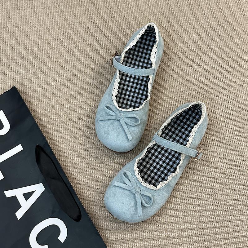 Fashion retro gentle bow Mary Jane single shoes women's 2025 summer new one-word buckle lace ballet shoes