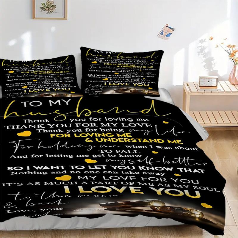

3PCs Wedding Anniversary Message Design Cover Set, Breathable Fabric(1 Duvet Cover + 2 Pillowcases) (Without Quilt) yy250911190 135x200cm