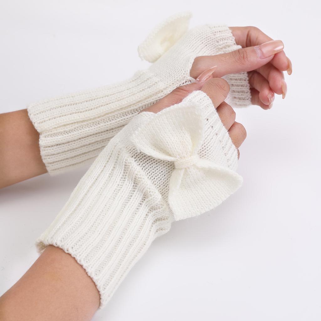 Warme und stilvolle Damen-Halbfinger-Strickhandschuhe mit Schleifendekor für Outdoor-Sportarten wie Skifahren und Radfahren