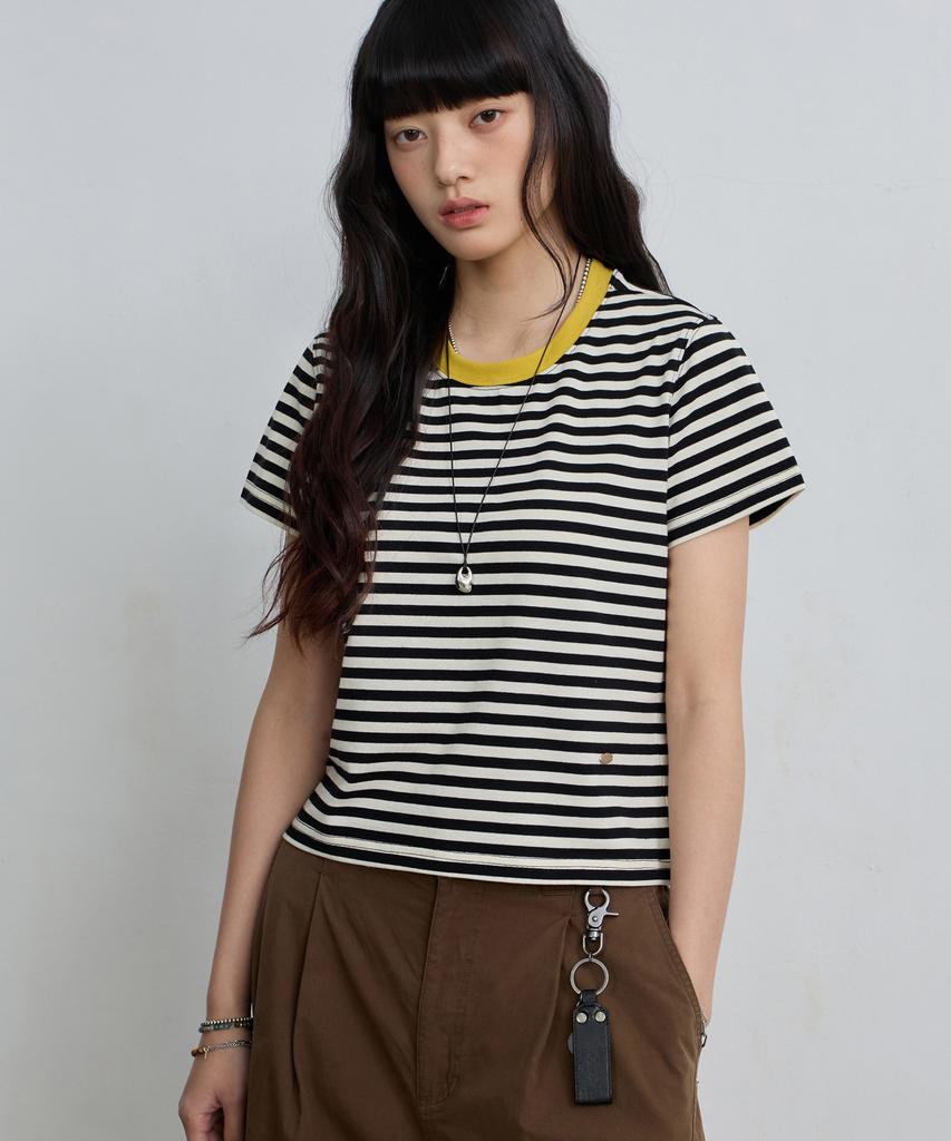 Yujen Ribbed Color Block Stripe Short Sleeve T-Shirt_4 Color