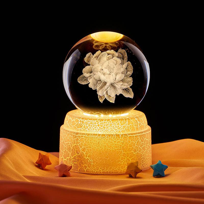 Peony 3D Crystal Ball Night Light - Creative Ornament & Birthday Gift for Qixi Festival