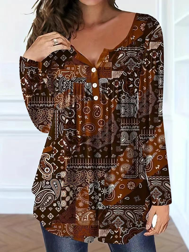 

Elegant Plus Size Paisley V-Neck Button Top for Women 2XL