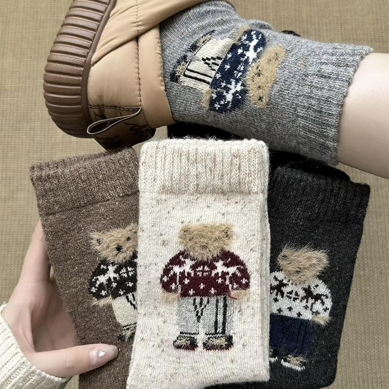 Wool Socks Thickened Socks Cute Flocked Bear Medium Tube Socks Winter Warm Stockings