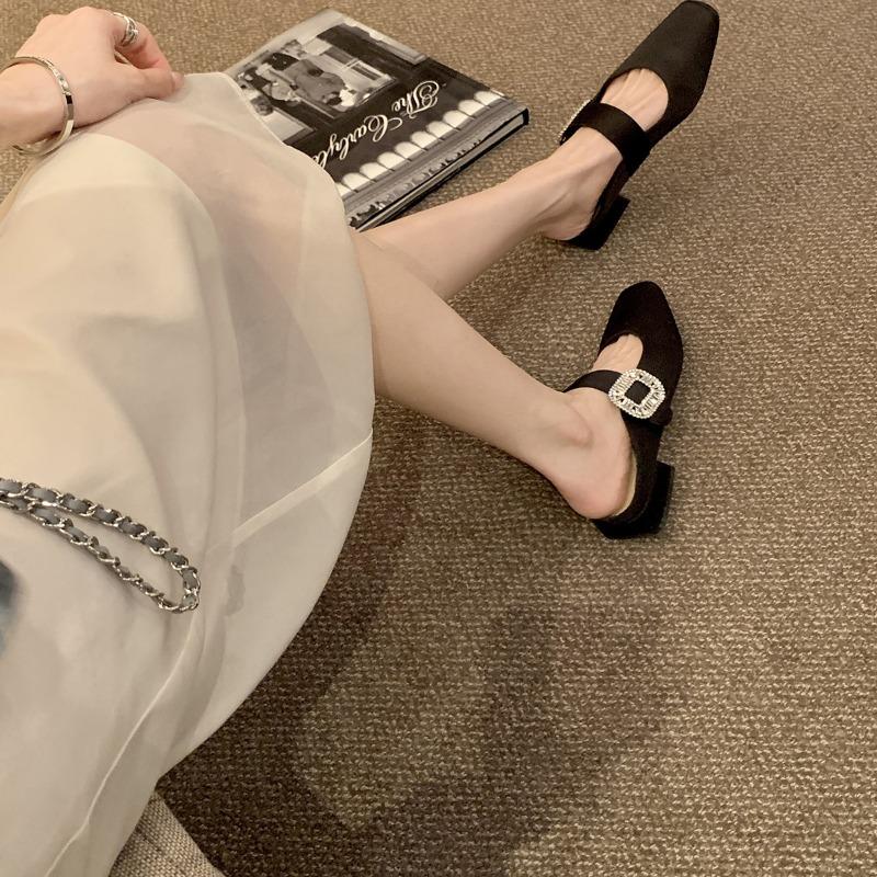 Sheepskin bag head slippers women's sparkling diamond buckle square head one word low heel temperament half drag empty single shoes