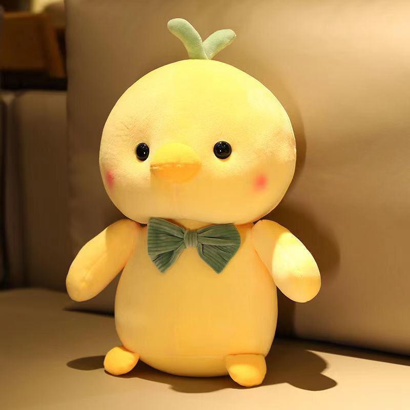 Soft Duck Plush Toy Cute Yellow Stuffed Animal Duck With Green Bow Kawaii Plushie Pillow For Sleeping Companion Room Decor