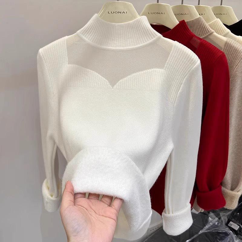 Women's Fleece-Lined Sweater: Thickened Winter Top with Mesh Design and Semi-High Collar for Autumn and Winter.