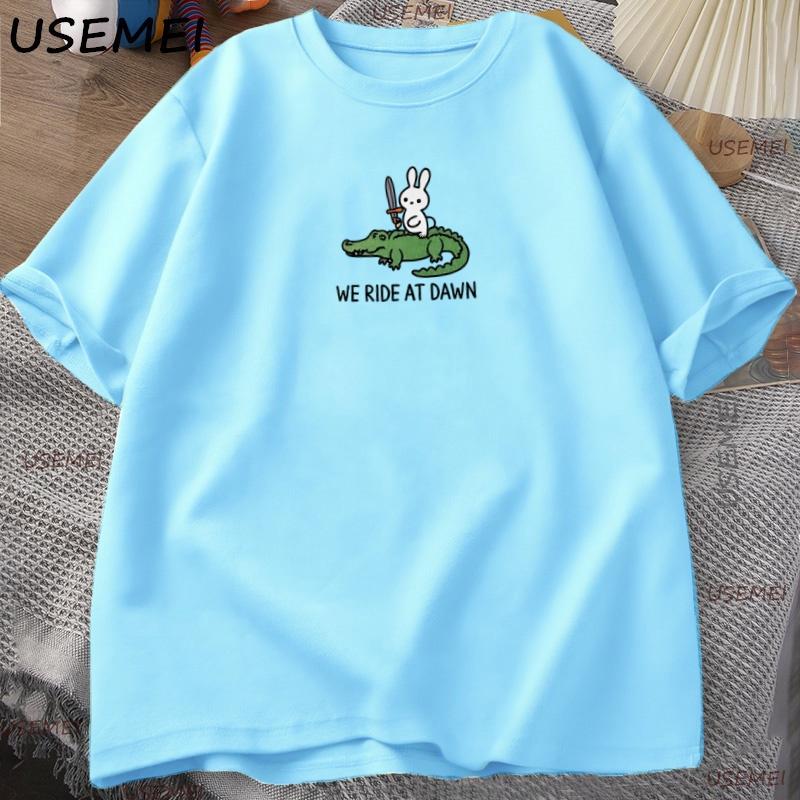 

We Ride At Dawn TShirt Women Unisex Bunny and Alligator T Shirt Funny Animal Printed Tshirt ONeck Short Sleeve Unisexs Clothing L
