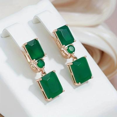 1 Pair Square Big Dark Green Zircon Drop Earrings for Women Gold Color Vintage Ethnic Trendy Fine Jewelry