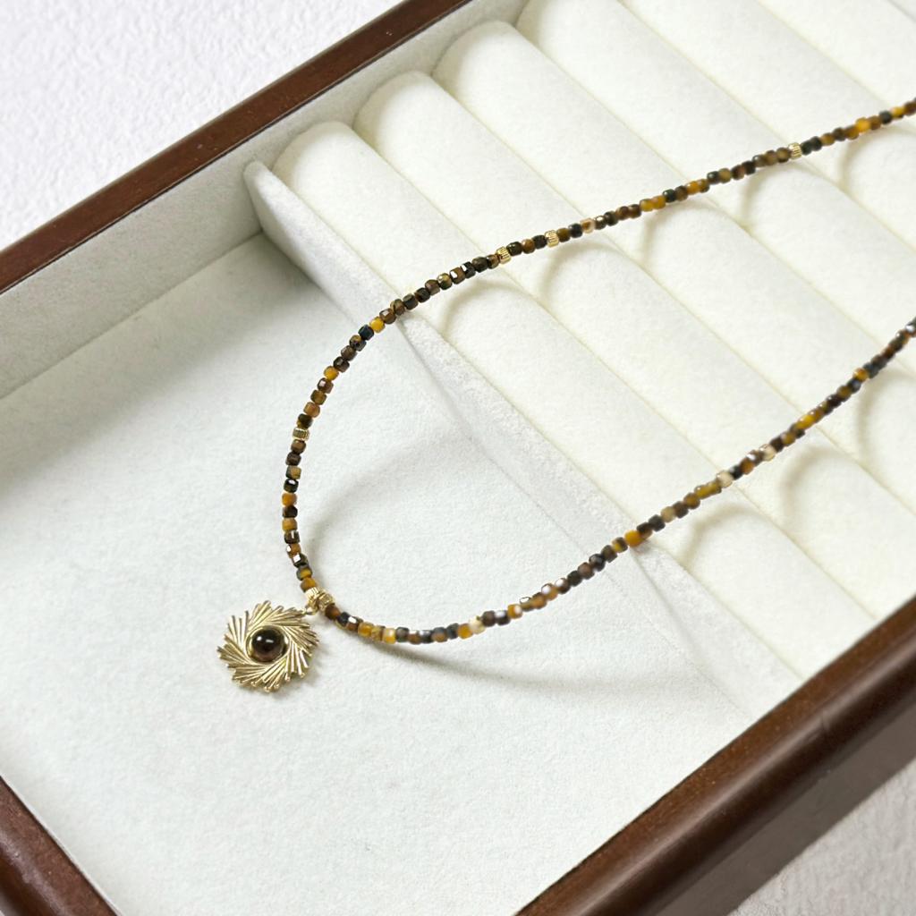 Natural Tiger Eye Stone Handmade Necklace High-end Sweater Chain Beaded Pendant  Collarbone Chain