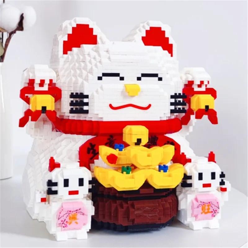 Funny Lucky Cat Building Blocks Toy The God of Wealth Auction Figures Brinquedos for Children Gift Adults Piggy Bank Present