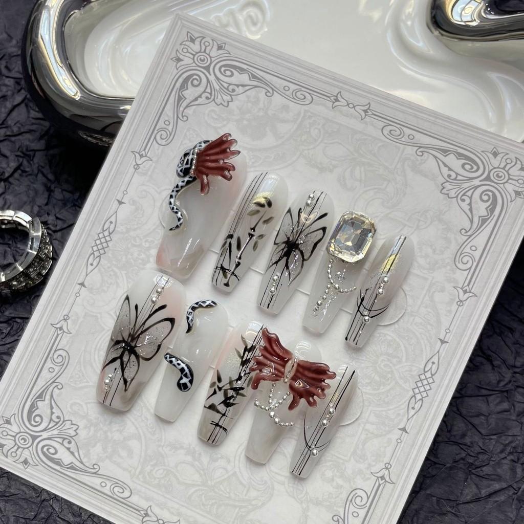 100% HANDMADE Long Coffin Shape Fake Nail set with glue Ink Butterfly Retro Style Long press on nails acrylic Reusable Fake Nails