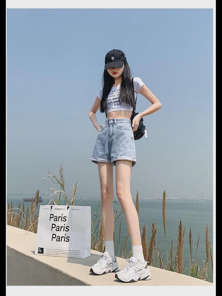 High-Waisted A-Line Denim Shorts for Women - Korean Style Summer Fashion, Wide-Leg, Casual Curling Design.