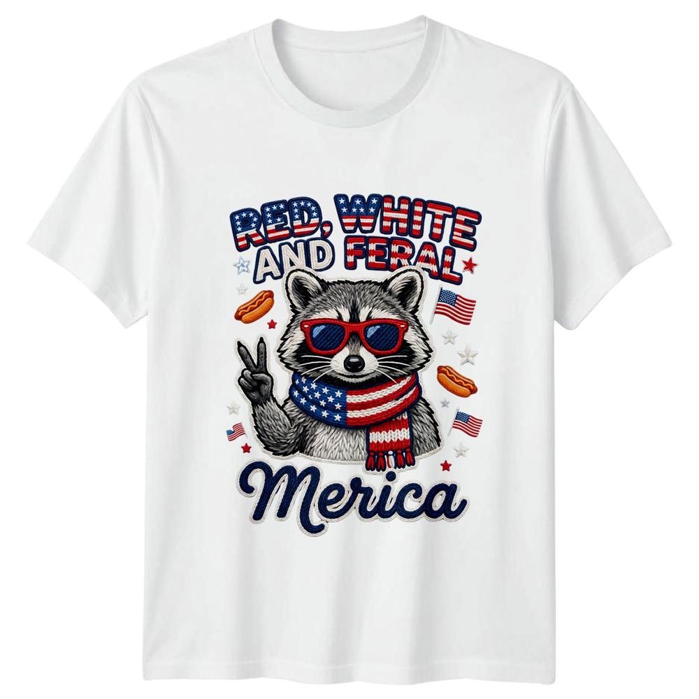 Red White And Feral Merica TShirt 4th July Raccoon Americana S