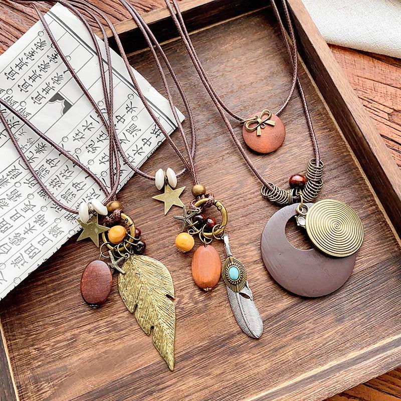 Zen-Inspired Long Feather Necklace - Women's Ethnic Layered Chain with Retro Style
