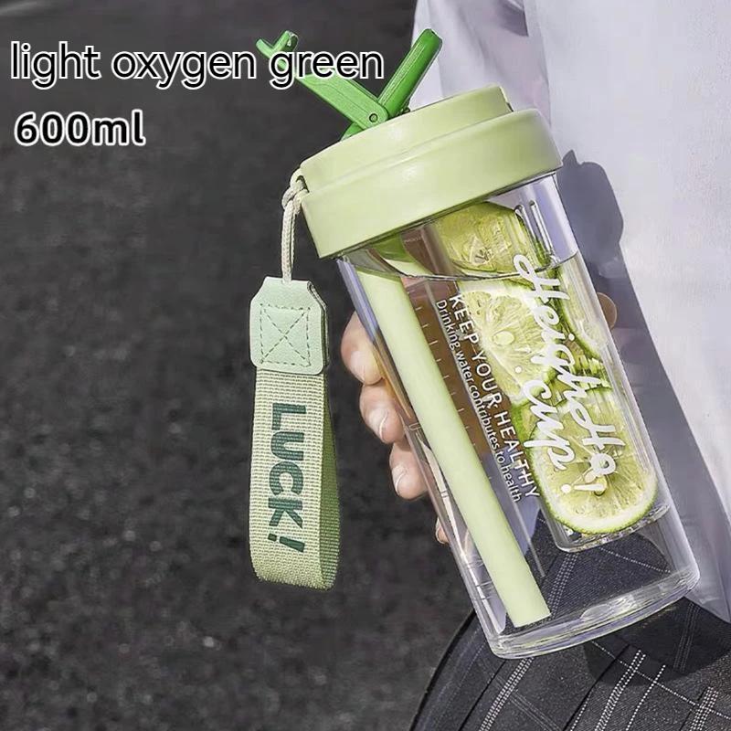 Sommer Tragbarer Wasserbecher 600 ml Sportwasserflasche Lebensmittelqualität Tritan-Material Wasserbecher Damen Trinkhalmbecher Handlicher Becher