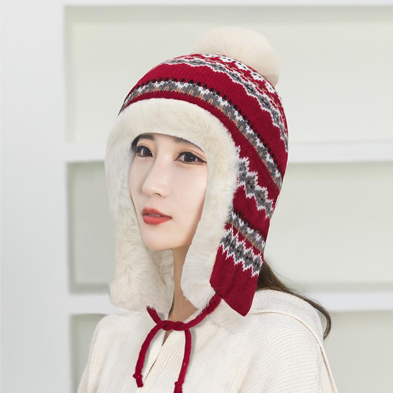 

Этническая вязаная шапка женская толстая ветрозащитная холодостойкая шапка-ушанка зимняя теплая шапка с защитой ушей красный