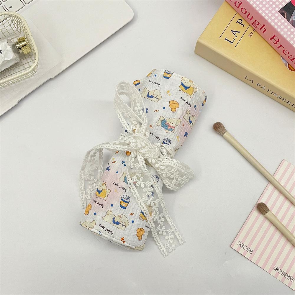 Cute Cartoon Roll Up Makeup Brush Bag Lace Tie Gingham Cosmetic Brush Organizer Pouch for Travel Daily Use