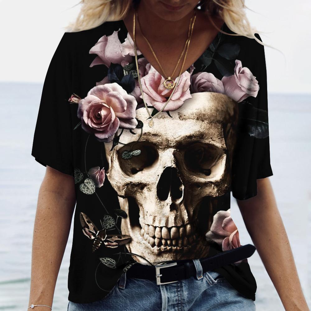 Sommer V-Ausschnitt 3D Schädel bedrucktes Top Modische lässige kurzärmelige Damen T-Shirts