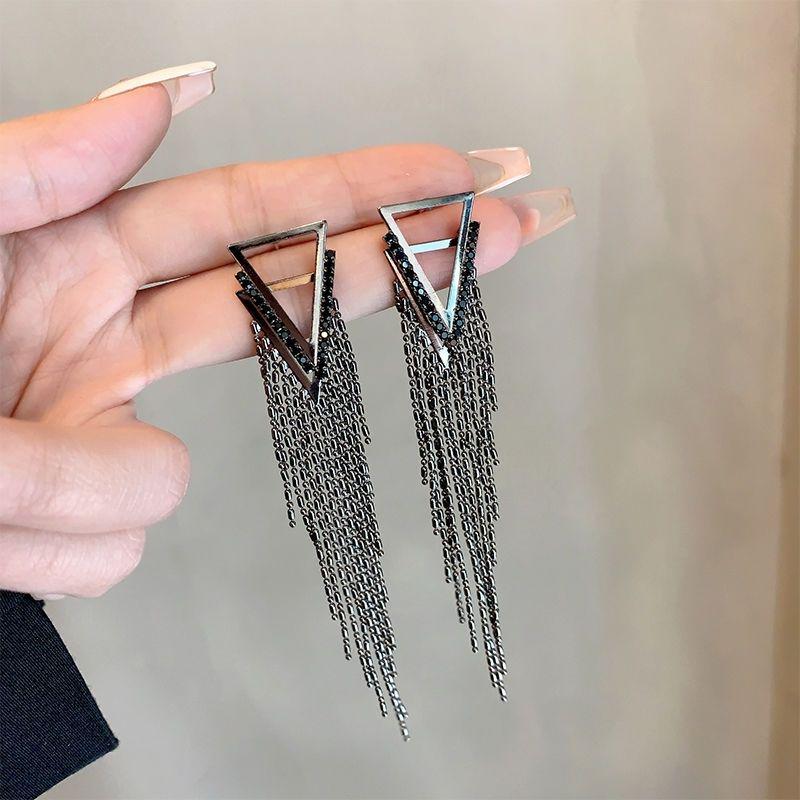 Black Triangle Geometric Tassel Earrings - Luxe Fashion, Long Dangle, High-End Style, Chic Personality Jewelry for Women