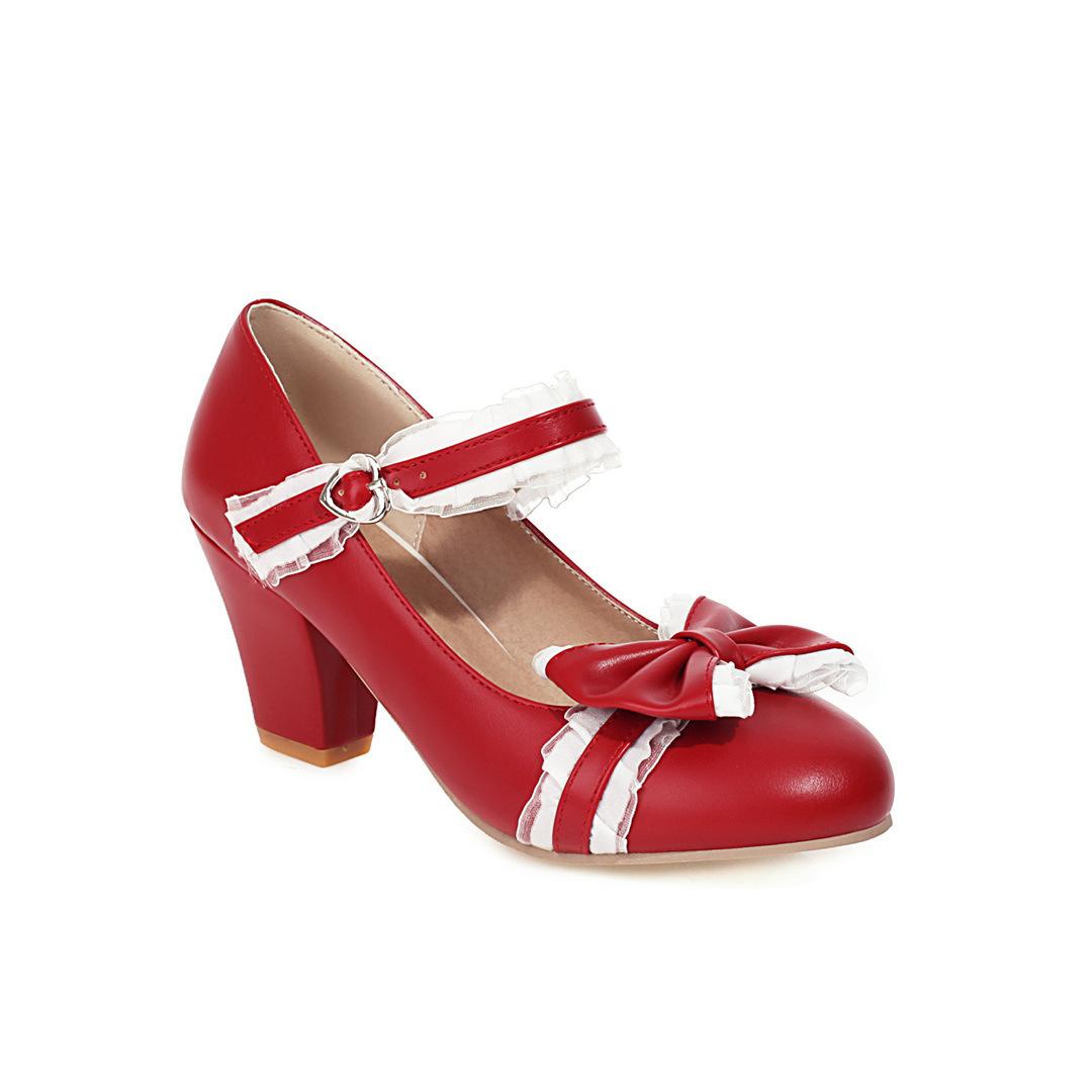 Herbst Neue Damen High Heels Süße Spitze Schleife Prinzessin Mode Party Schuhe Schnalle Dicke Absätze Damen Hochzeitspumps Größe 32-48 37 rot