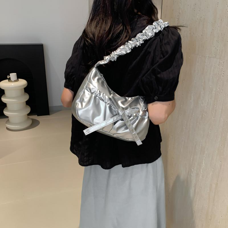 Women Fashion Shoulder Bag with Ruched Drawstring Strap Bow Leisure Satchel Bag Solid Color Cute Sling Bag Ladies Outdoor Bag