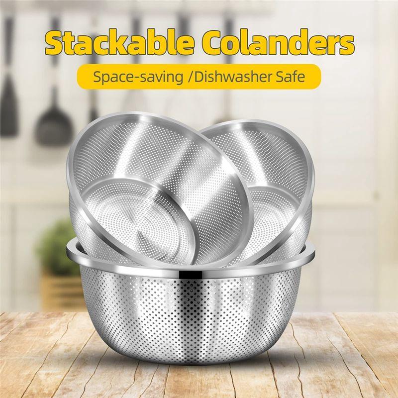 3PCS Heavy Duty Kitchen Strainers Stainless Steel 28Cm For Draining Pasta, Spaghetti, Veggies, Fruits, Dishwasher Safe-B61B