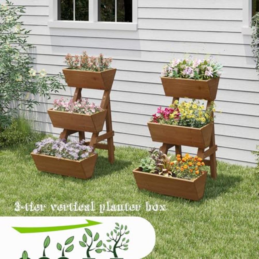 3-Tiers Wooden Raised Garden Bed Planter Box Flower Pots Vertical Garden Planter Wood Plant Stand for Vegetables Flowers Herbs
