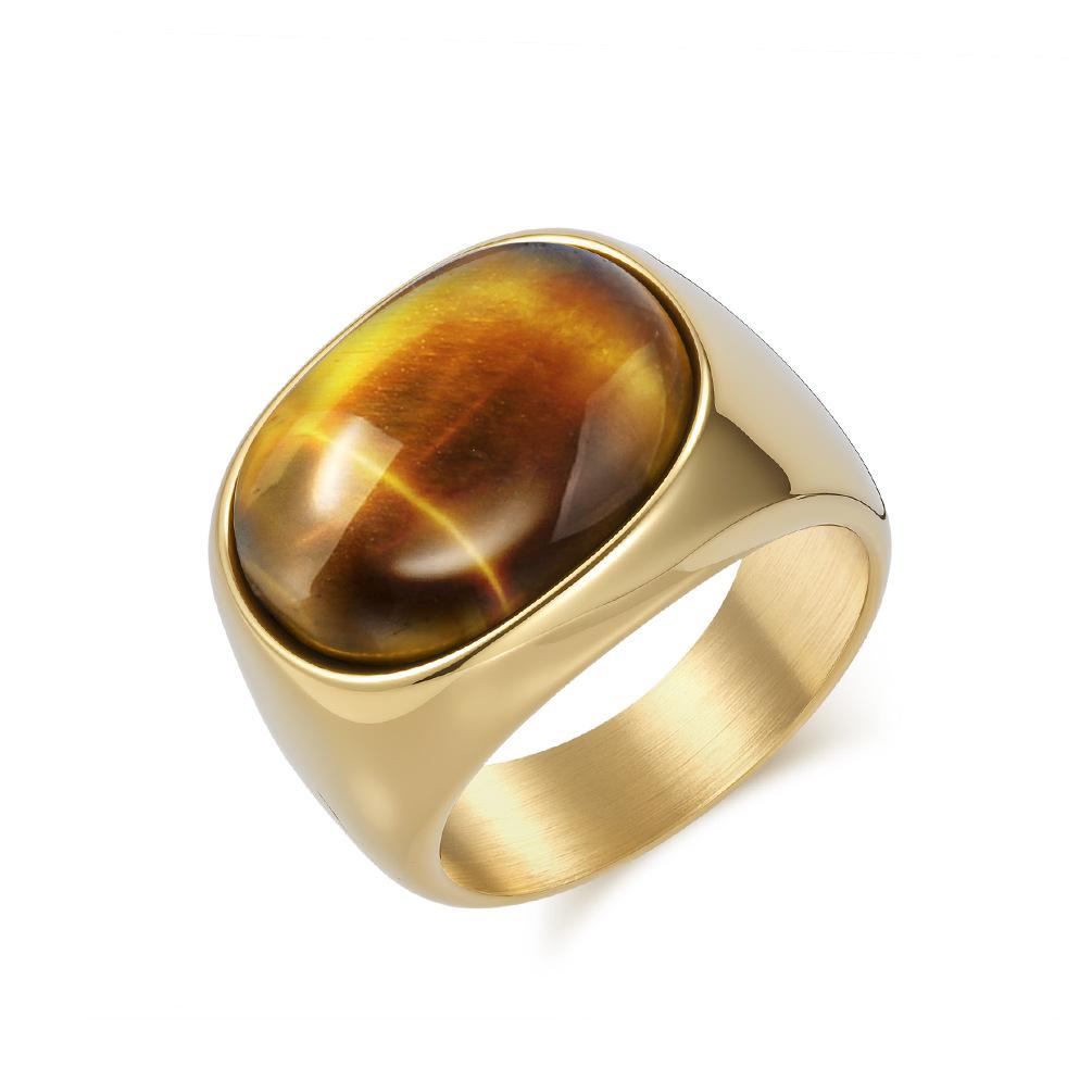 United States hot-selling retro simple natural tiger's eye stone gem titanium steel ring men's fashion personality high-end hand jewelry