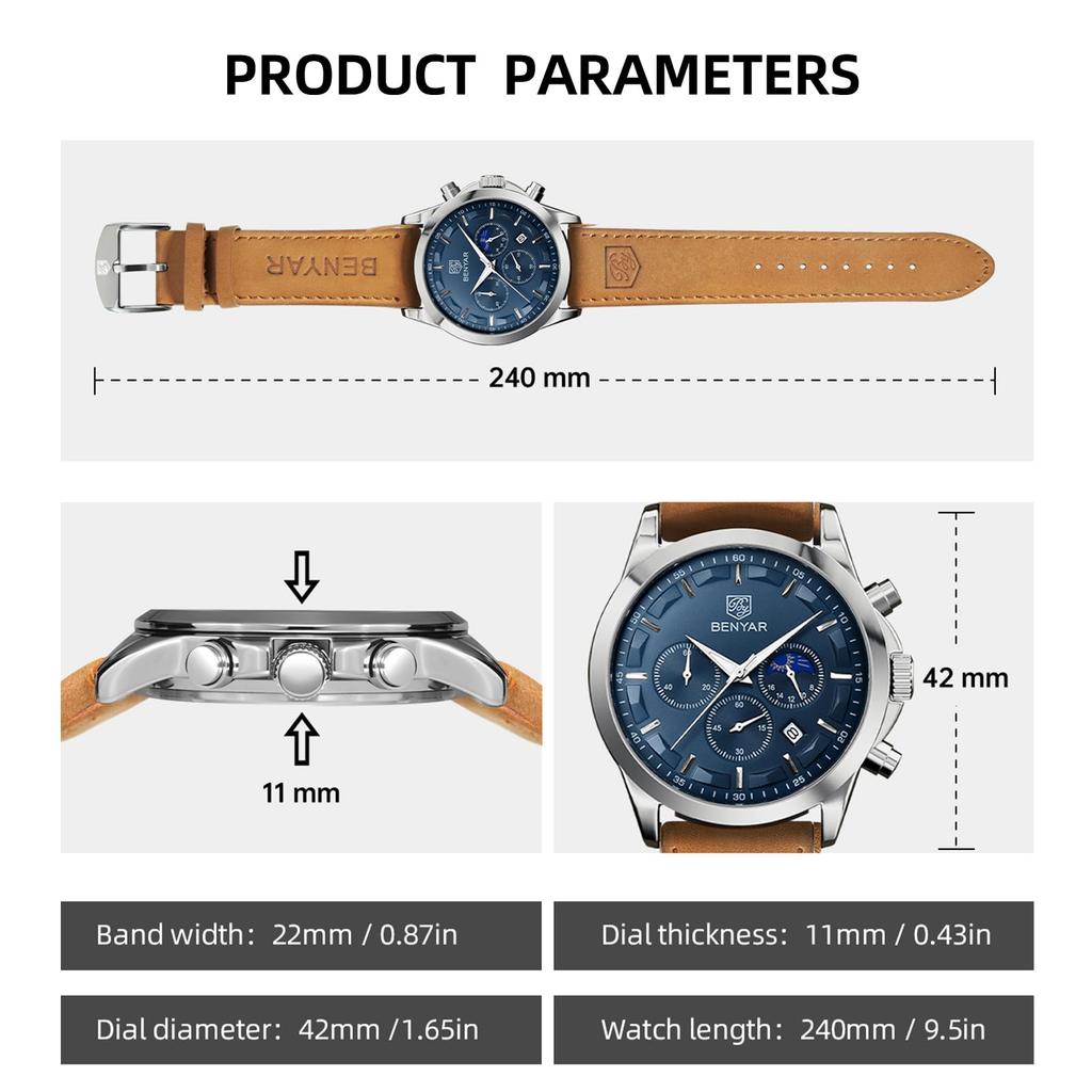 BENYAR Chronograph Watch with Leather and for Business and Formal Wear Men's Multi-Calendar Strap, Water-Resistant Scratch-Resistant Brown-Blue Dial,