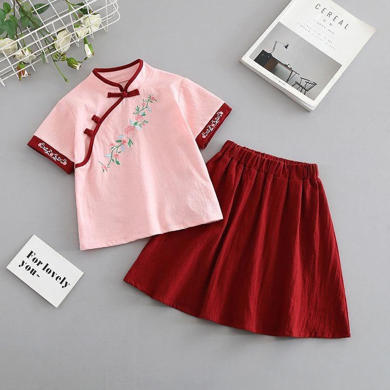 

Girls Chinese Style Suit, Cotton and Linen Hanfu T-shirt and Skirt 2-piece Set 140