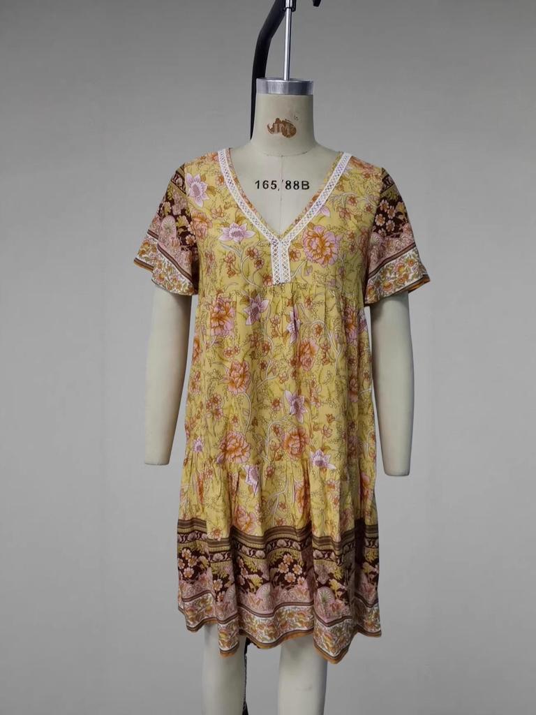 Summer French Retro V-neck Floral Dress - Beach Vacation Style for Women