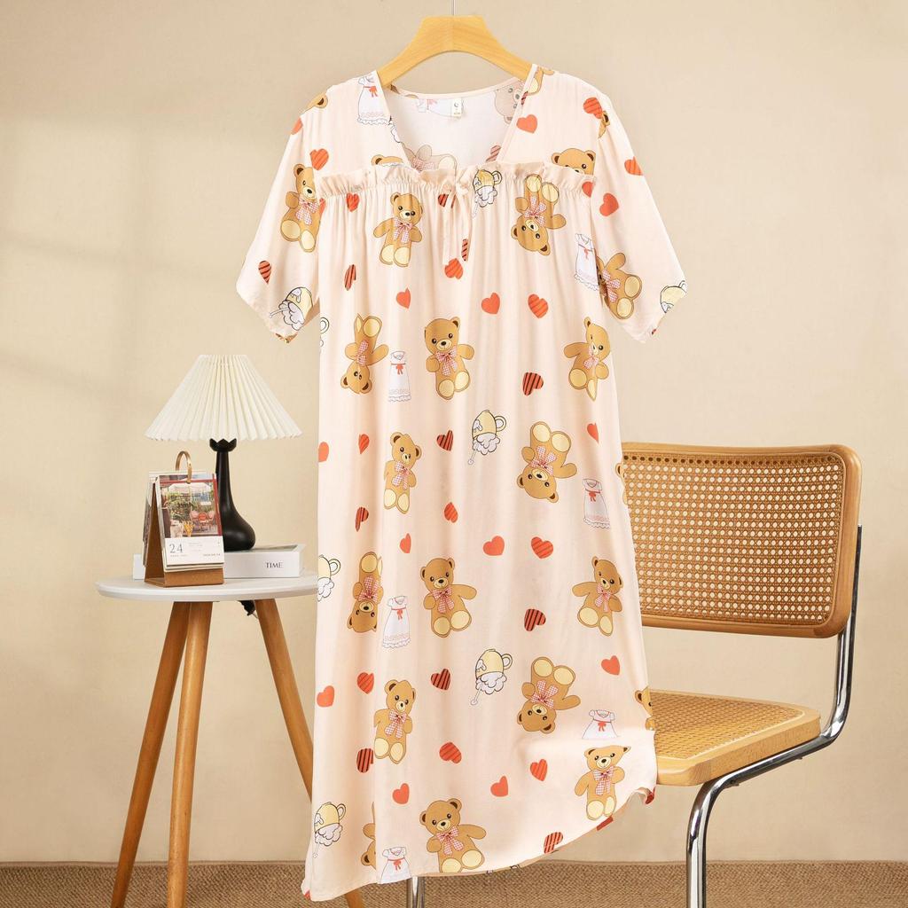 Plus Size Cotton-Silk Cartoon Floral Pajama Dress: Lightweight, Loose-Fit, Summer Homewear