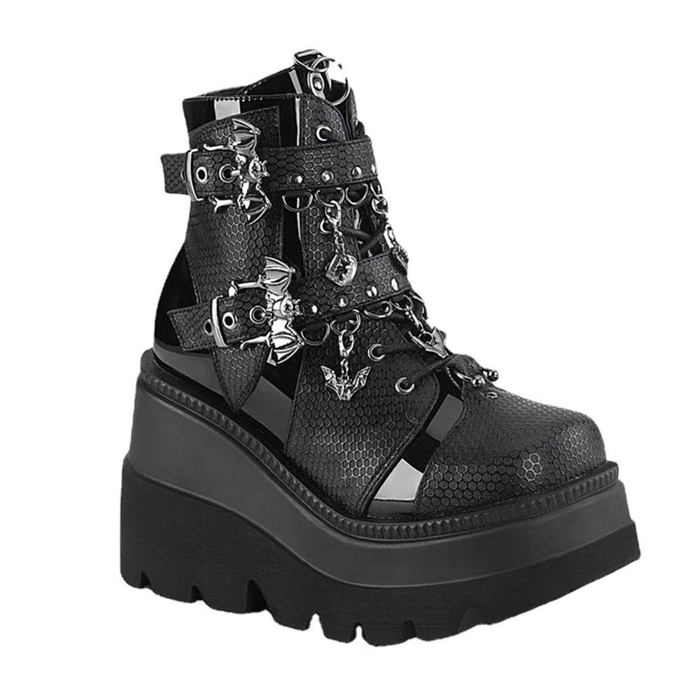 Thick-soled Women's Boots with Wedges, Bat Belt Buckle, Short Martin Boots for Women