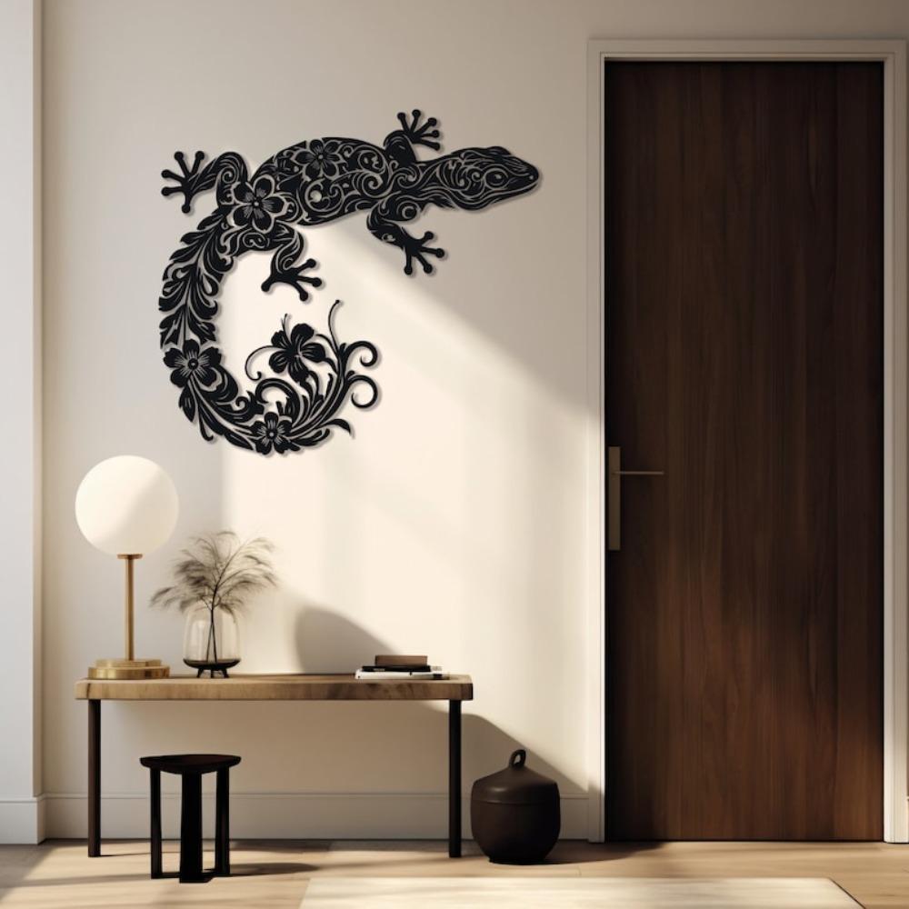 Modern Laser Cut Metal Wall Art Gecko Lizard Decor Tropical Animal Garden Sculpture Geometric Home Hanging