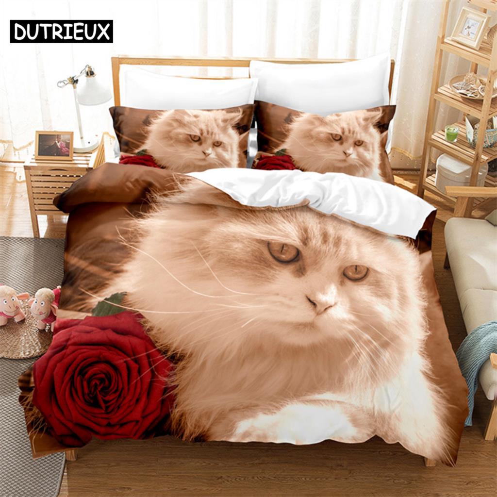 Comforter Cat Flowers Queen Bedding Set Pink Bedding Digital Printing King Size Bedding Sets