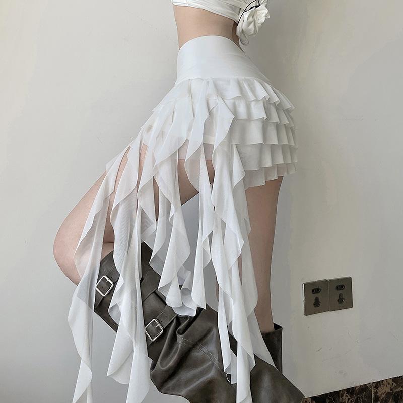 European and American Ruffled Irregular Mesh Multi-layer Low Waist Sexy Short Skirt for Women